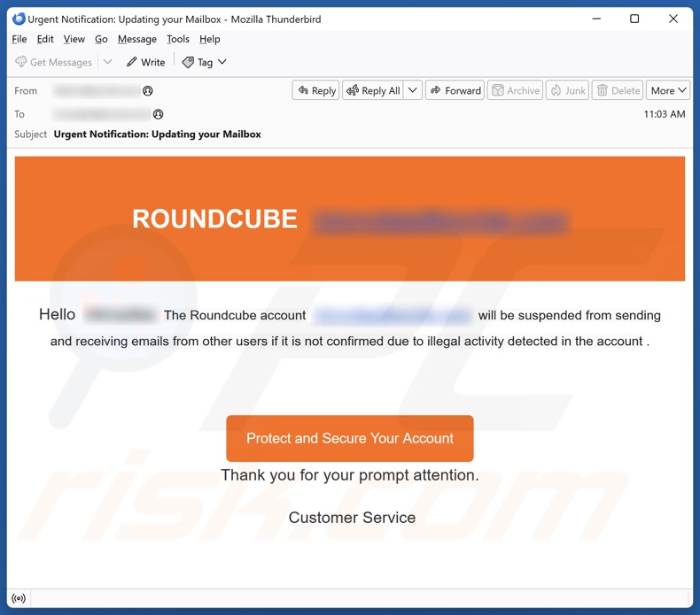 Roundcube Account Will Be Suspended campagna di spam via e-mail