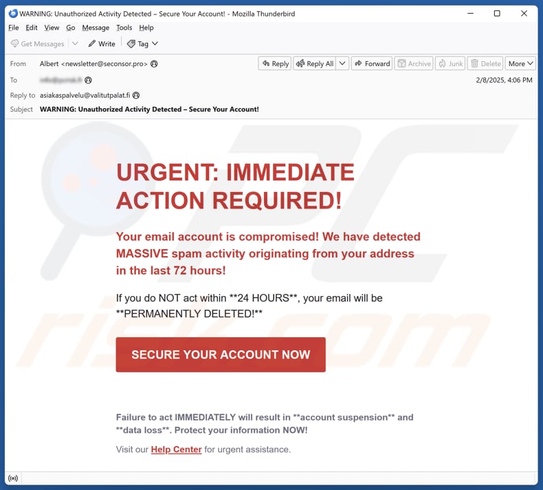 Spam Activity Originating From Your Address email campagna di spam