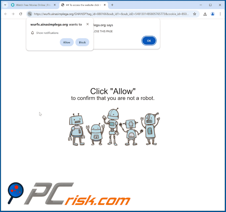 ainasimplega[.]org aspetto del sito web (GIF)