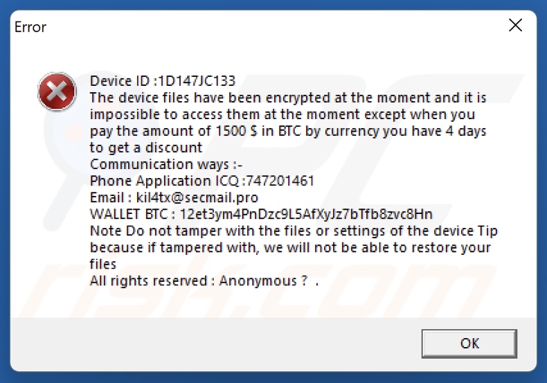 Anonymous (Xorist) nota di riscatto ransomware (pop-up)