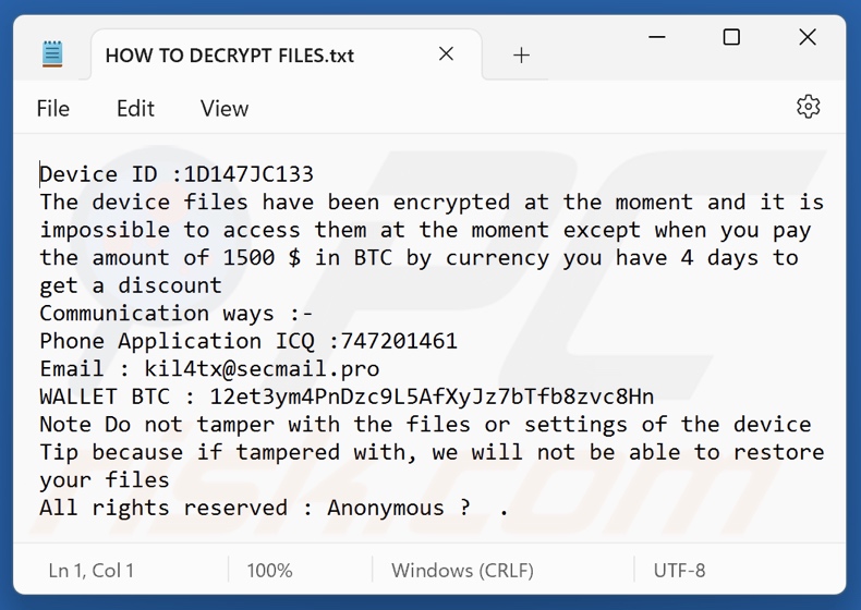 Anonymous (Xorist) ransomware file di testo (HOW TO DECRYPT FILES.txt)