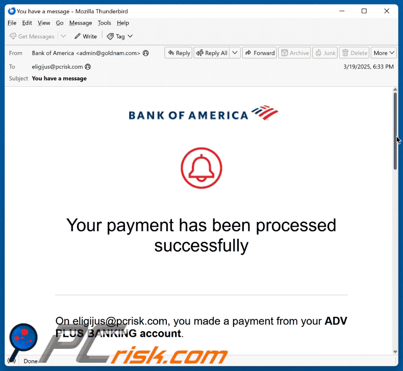 Bank Of America - Payment Processed Successfully Aspetto della truffa via e-mail