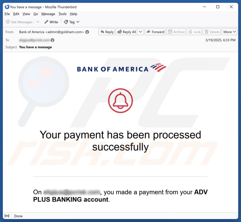 Bank Of America - Payment Processed Successfully campagna di spam via e-mail