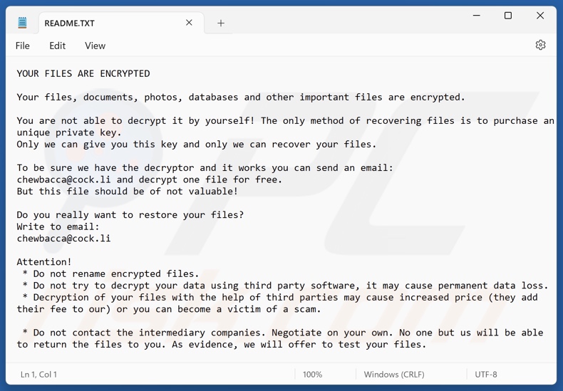 Chewbacca ransomware nota di riscatto (README.TXT)