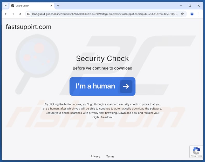 Sito web utilizzato per promuovere GuardGlider applicazione potenzialmente indesiderata
