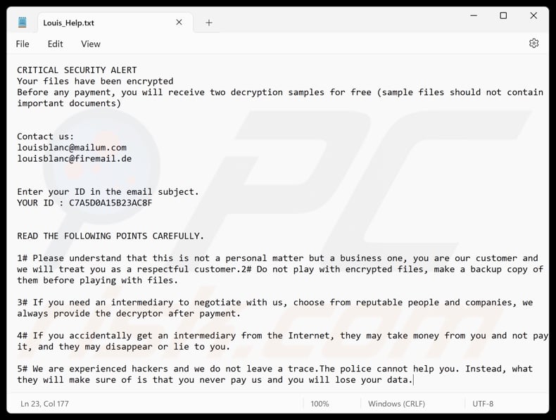 Louis ransomware nota di riscatto (Louis_Help.txt)