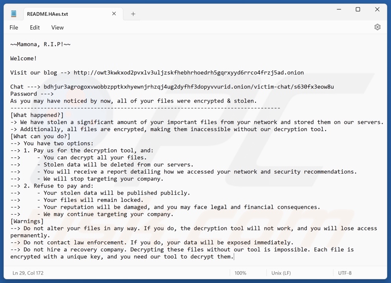 Mamona ransomware nota di riscatto (README.HAes.txt)