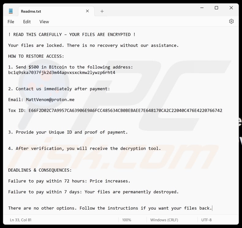 MattVenom ransomware file di testo (Readme.txt)