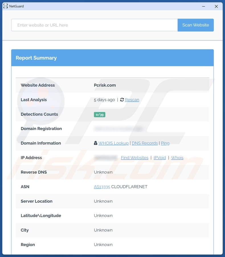 NetGuard risultati dell'applicazione potenzialmente indesiderata dopo l'inserimento dell'URL