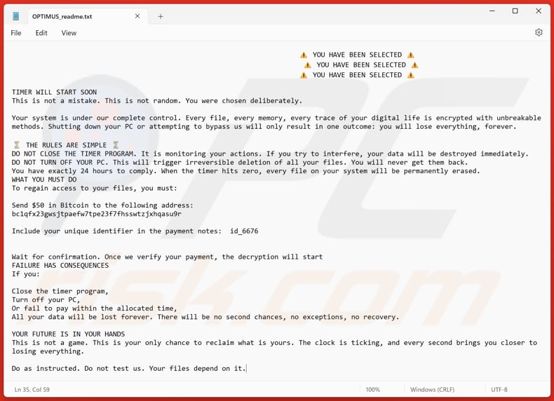 Optimus ransomware file di testo (OPTIMUS_readme.txt)