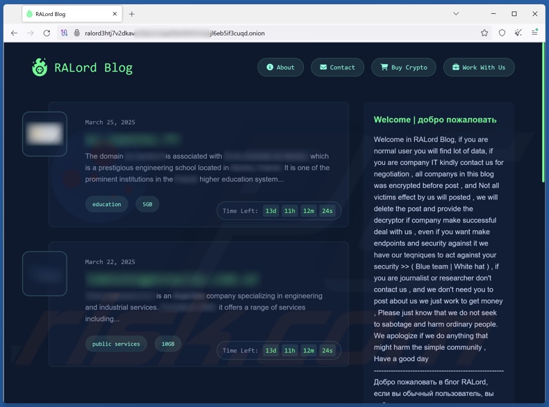 RALord ransomware sito web per la divulgazione dei dati
