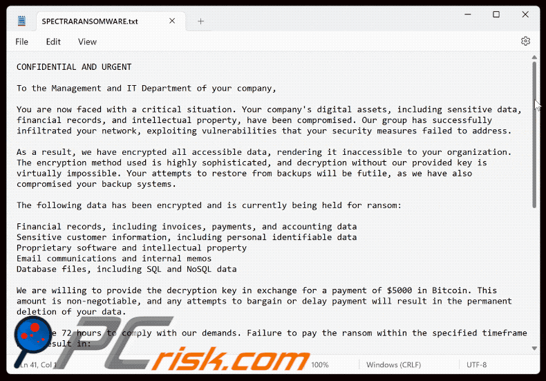 Spectra ransomware file di testo (SPECTRARANSOMWARE.txt)
