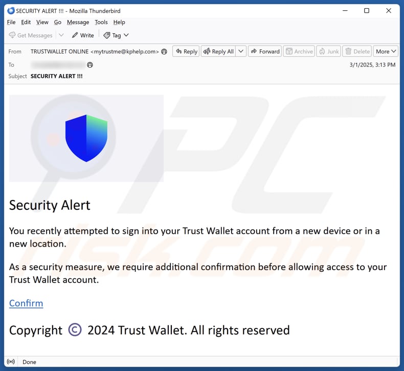 Trust Wallet Sign-In Attempt campagna di spam via e-mail