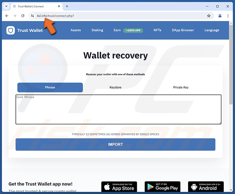 Trust Wallet Sign-In Attempt Email Pagina di scam phishing