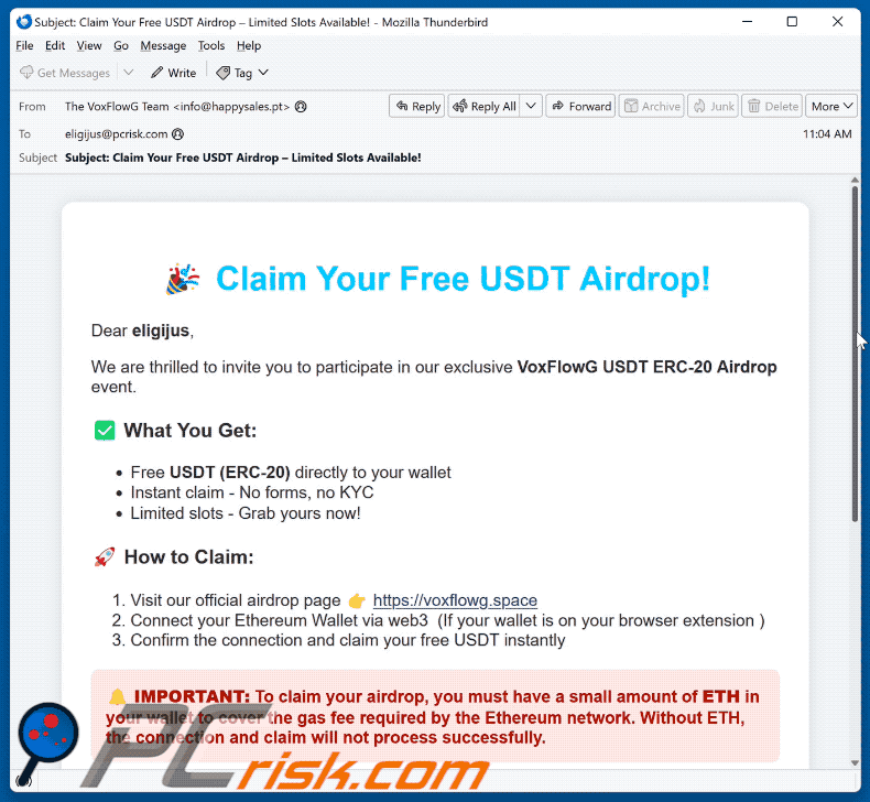 VoxFlowG USDT Airdrop aspetto delle e-mail truffa (GIF)