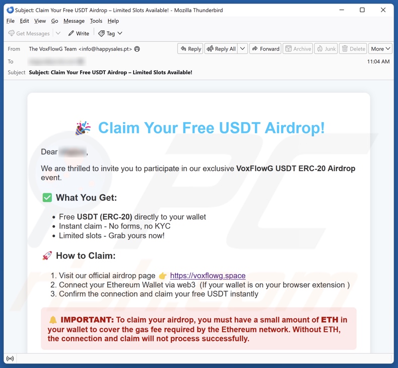 VoxFlowG USDT Airdrop campagna di spam via e-mail