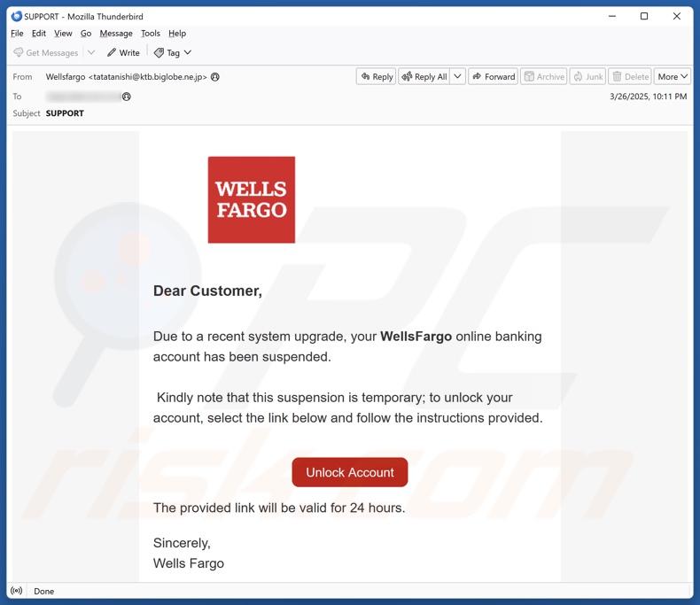 Wells Fargo - Account Suspended campagna di spam via e-mail