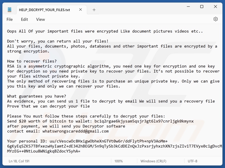Worry (WhatsWrongScared) ransomware nota di riscatto (HELP_DECRYPT_YOUR_FILES.txt)