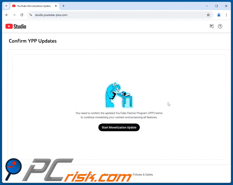 Comparsa della truffa dell'aggiornamento del programma di monetizzazione dei partner di YouTube (GIF)