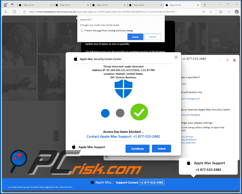 Apparizione della truffa Apple Mac Security Center (GIF)