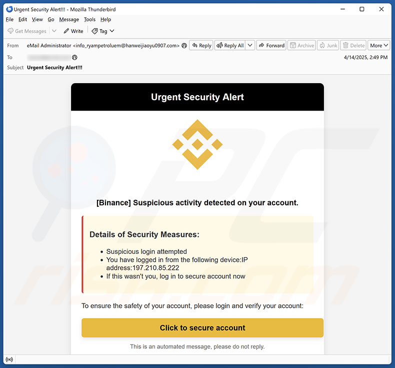 Binance - Urgent Security Alert campagna di spam via e-mail