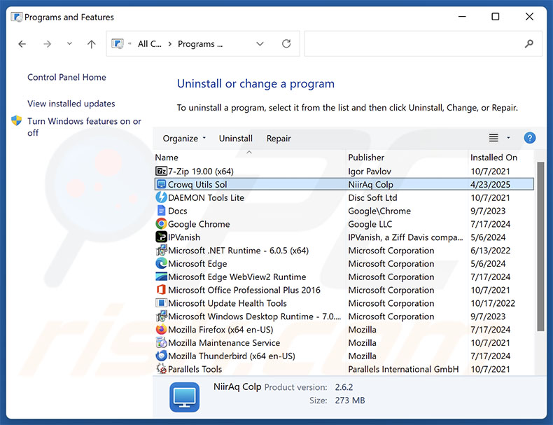 Crowq Utils Sol disinstallare via Control Panel