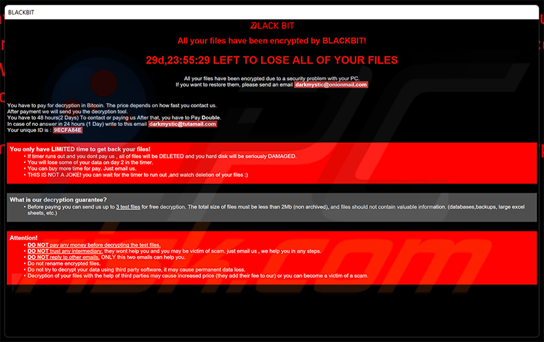 DarkMystic (BlackBit) ransomware nota di riscatto (info.hta)