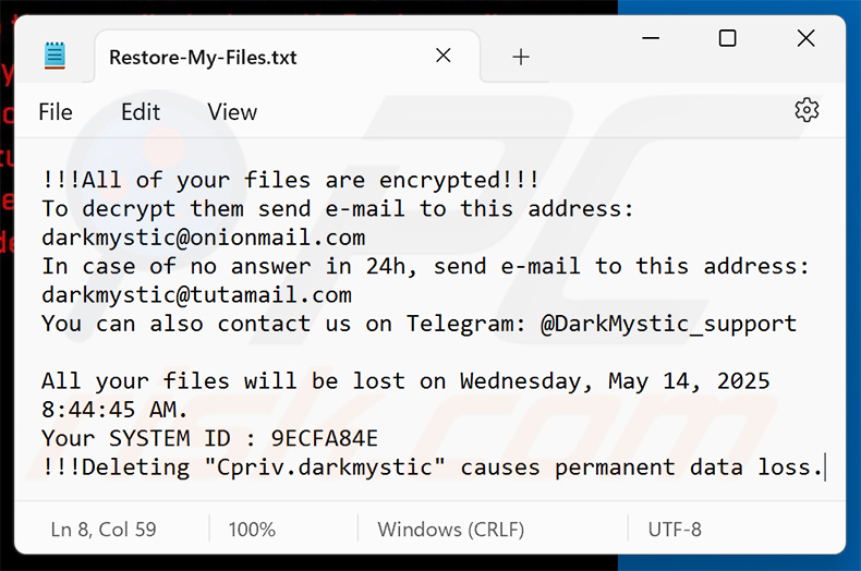 DarkMystic (BlackBit) ransomware file di testo (Restore-My-Files.txt)