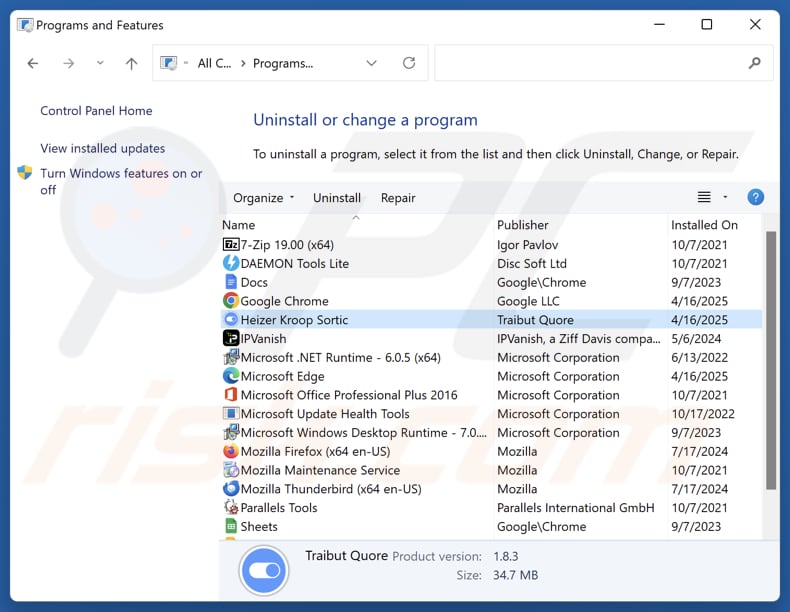 Heizer Kroop Sortic disinstallare via Control Panel