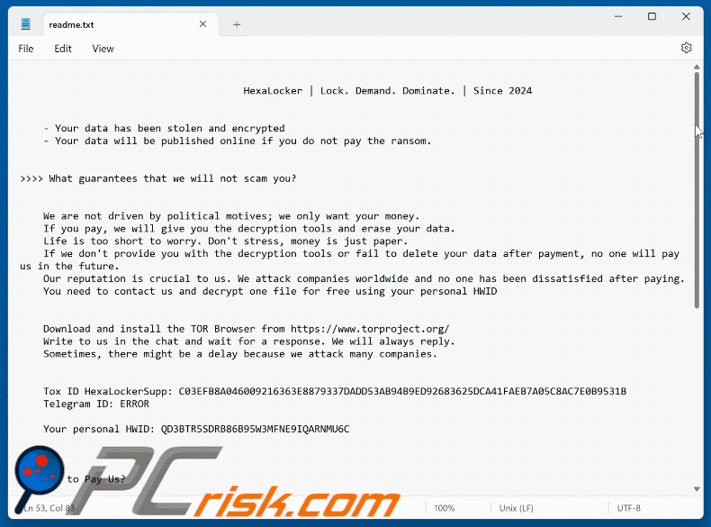 HexaLocker ransomware ransom note (readme.txt) GIF