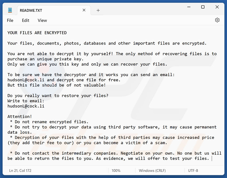 Hudson ransomware richiesta di riscatto (README.TXT)