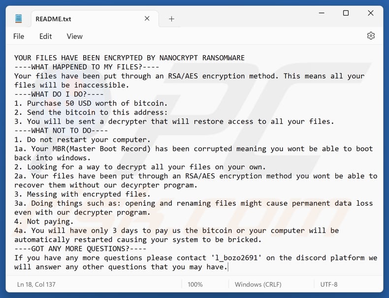 Nanocrypt ransomware file di testo (README.txt)