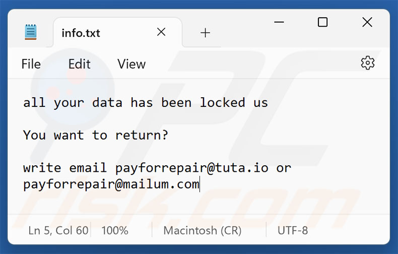 PayForRepair ransomware file di testo (info.txt)