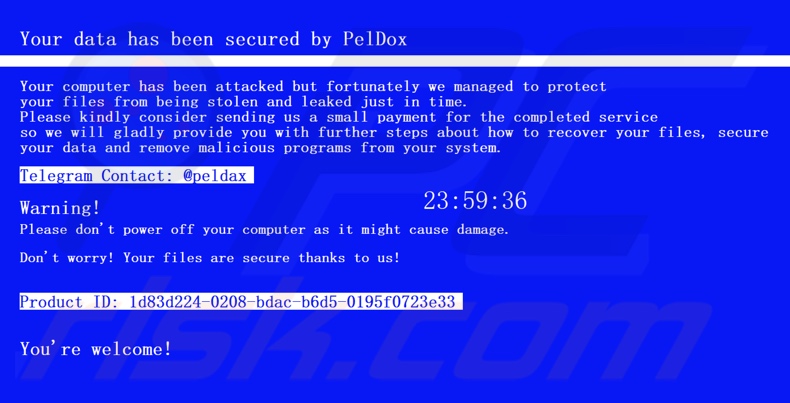 PelDox ransomware nota di riscatto (messaggio a schermo intero)