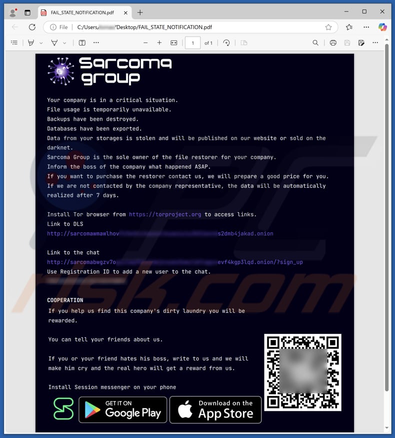 Sarcoma Group ransomware file della nota di riscatto (FAIL_STATE_NOTIFICATION.pdf)