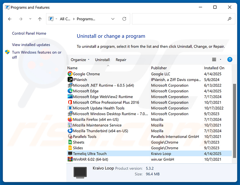 Temeliq Ultra Touch disinstallare via Control Panel