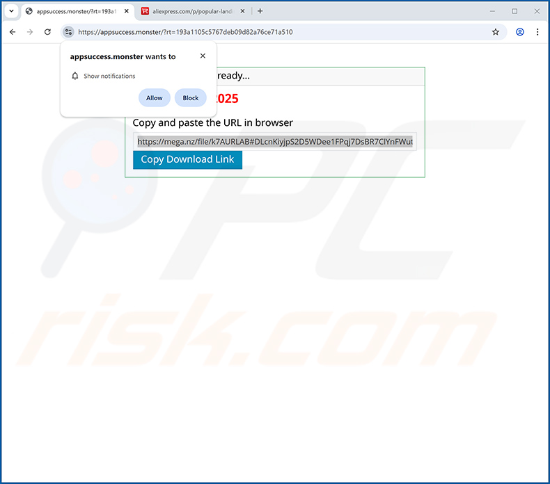 Un sito web illegale (appsuccess[.]monster) utilizzato per promuovere Temeliq Ultra Touch PUA
