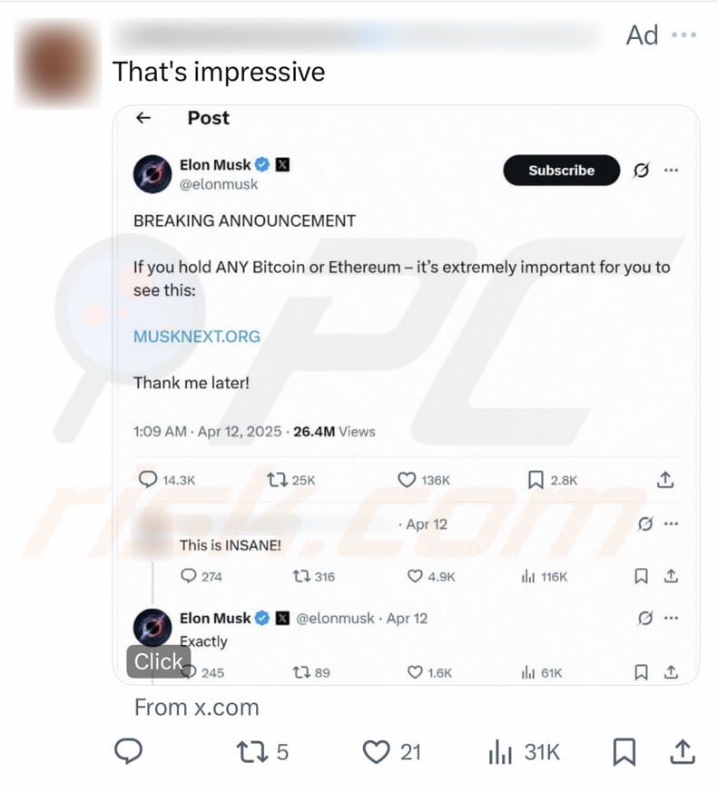Tesla Foundation Giveaway Scam falso Elon Musk post