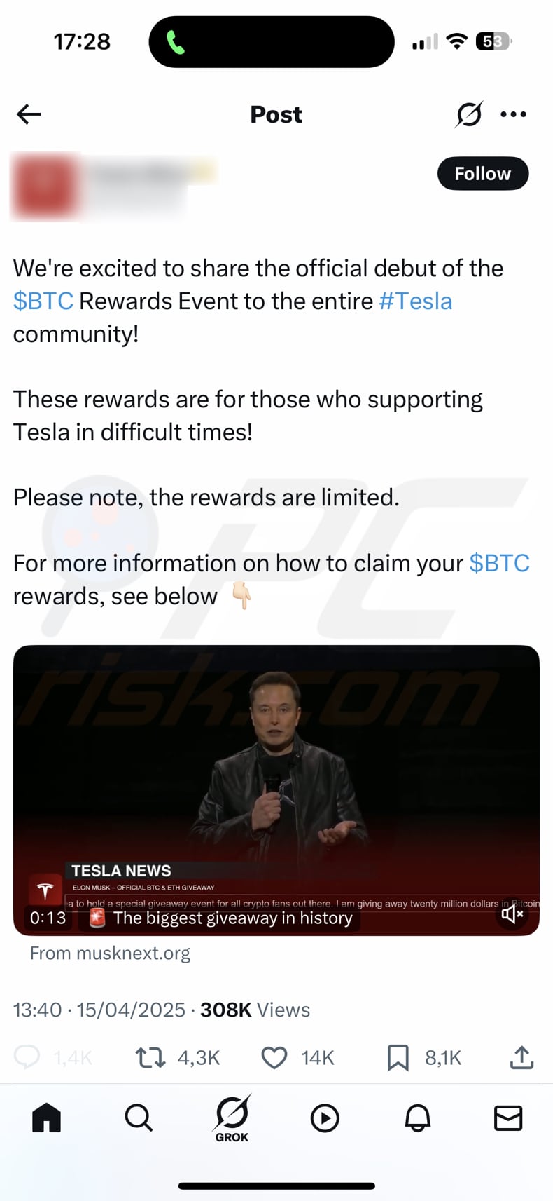 Tesla Foundation Giveaway Seconda segnalazione di truffa