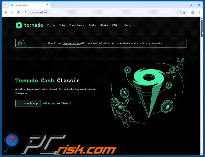 Tornado Cash aspetto del sito web truffa (GIF)