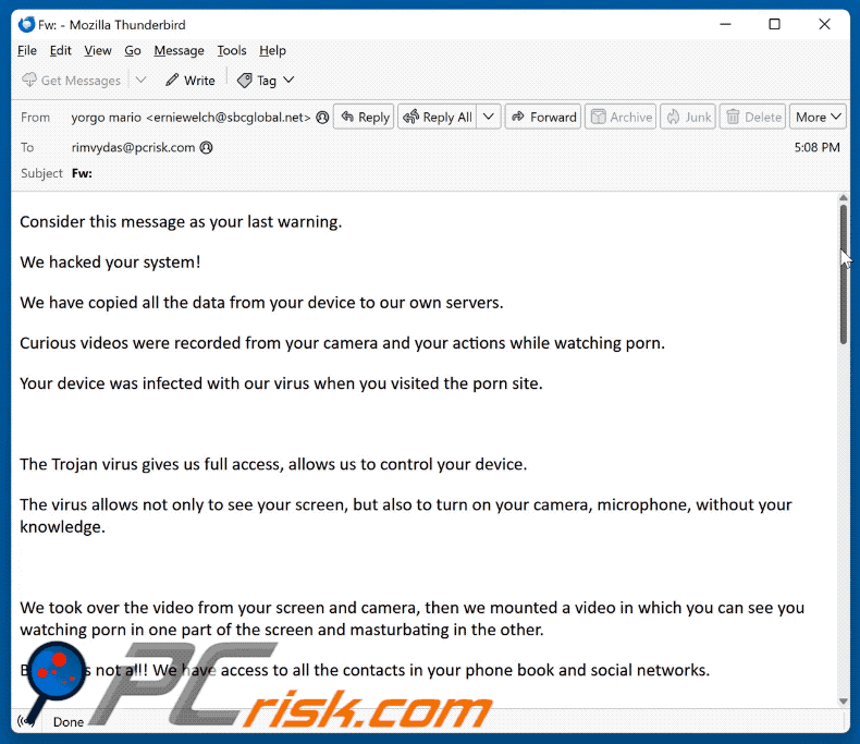 We Hacked Your System aspetto delle e-mail truffa (GIF)