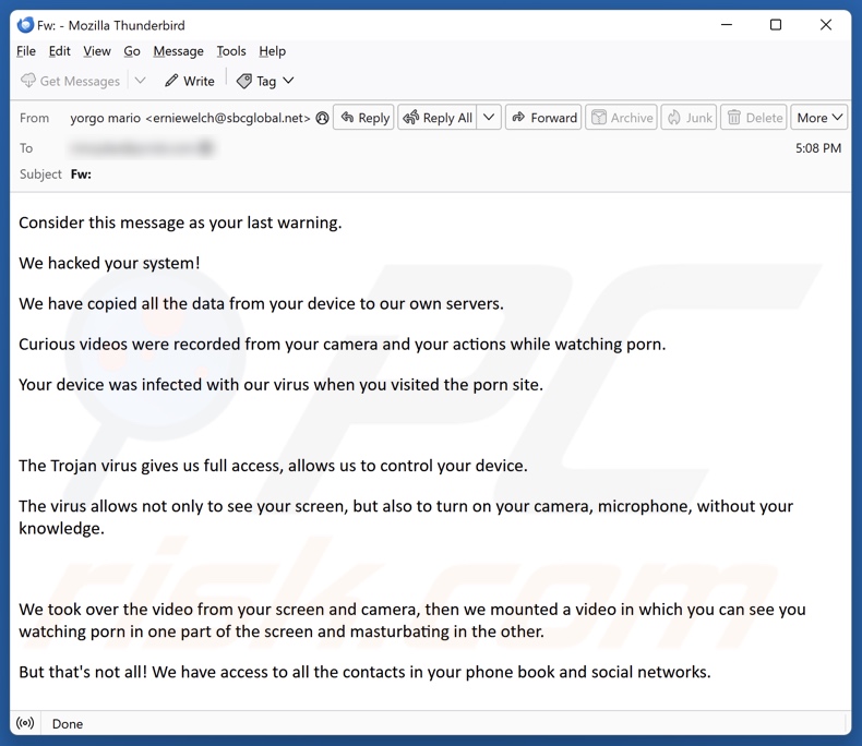 We Hacked Your System campagna di spam via e-mail