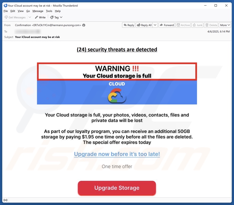 Your Cloud Storage Is Full campagna di spam via e-mail