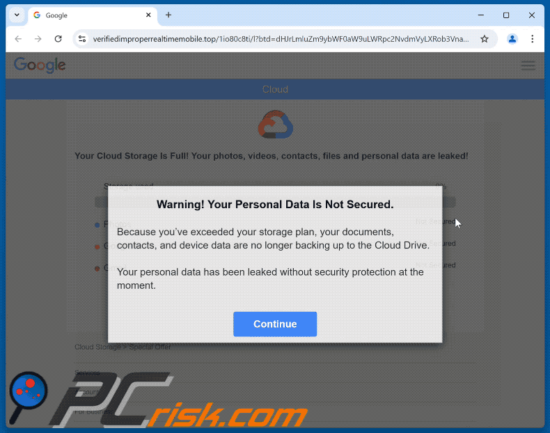 Your Cloud Storage Is Full email truffa sito promosso (GIF)