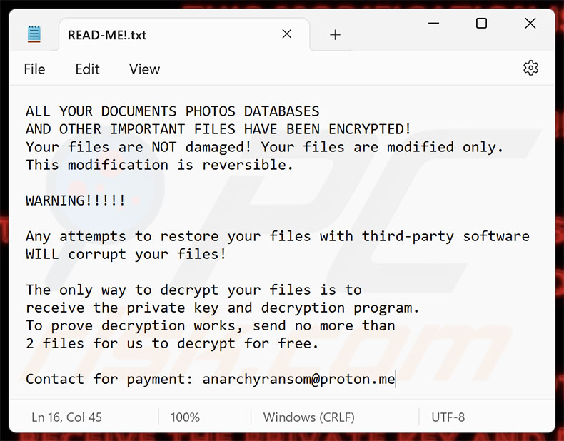Richiesta di riscatto del ransomware AnarchyRansom (READ-ME!.txt)