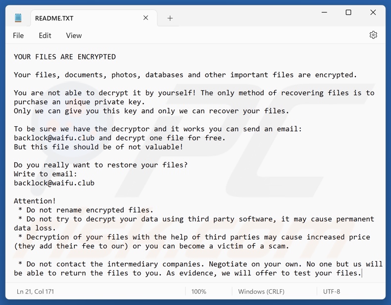 Richiesta di riscatto del ransomware BackLock (README.TXT)