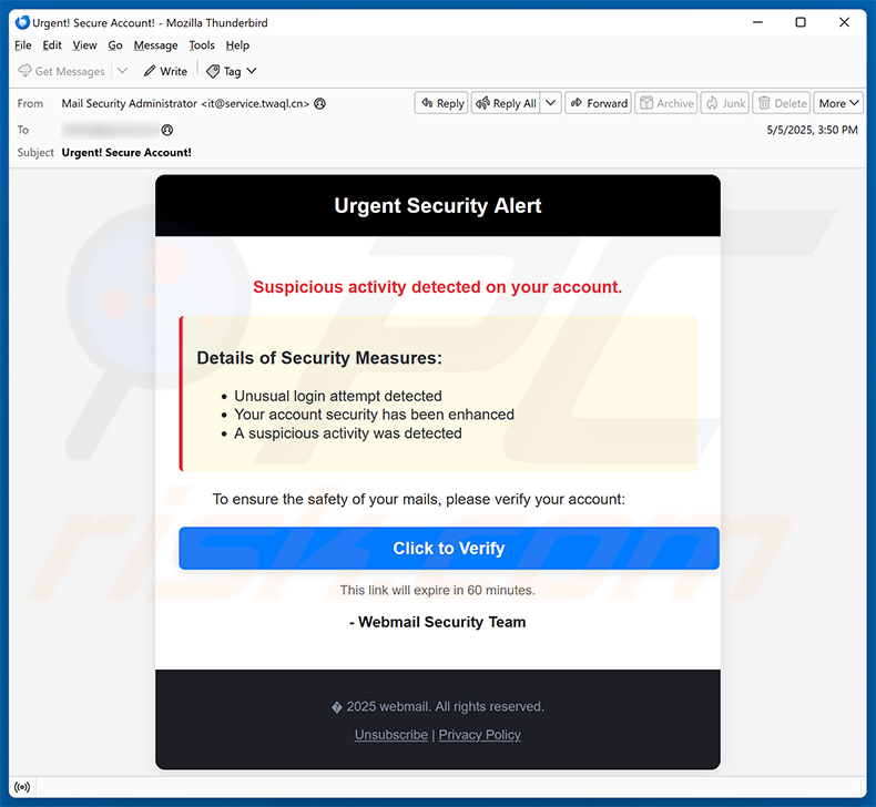 Binance - Urgent Security Alert email truffa (2025-05-06)