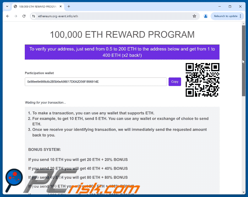 Aspetto della truffa Ethereum (ETH) Reward Program (GIF)