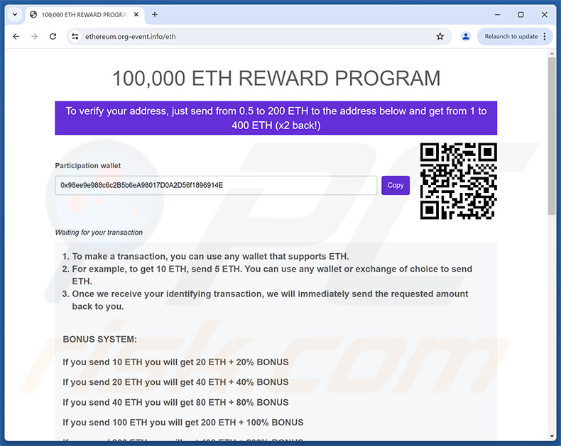 Truffa del programma di ricompensa Ethereum (ETH)