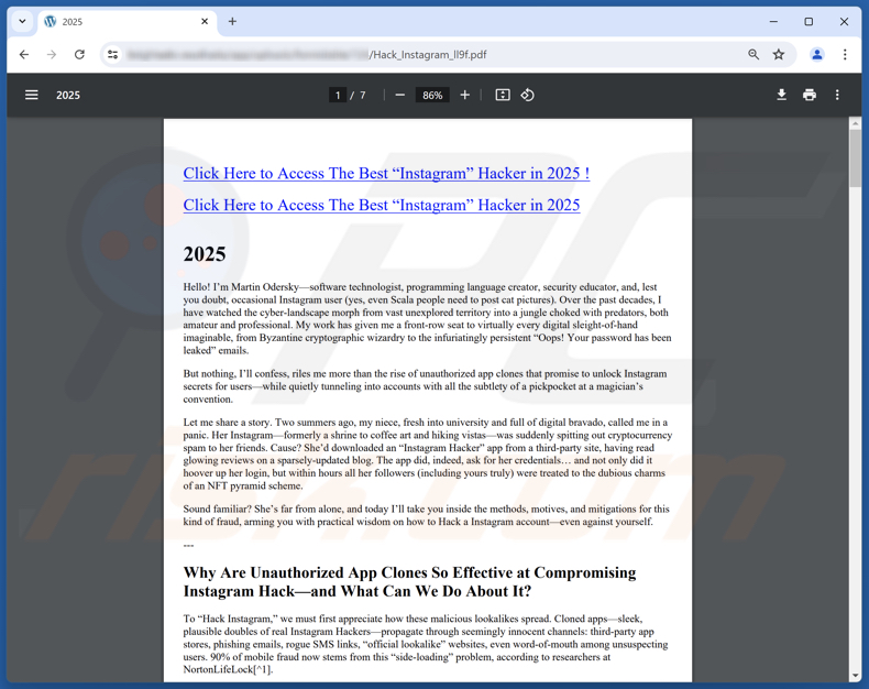 PDF della truffa Instagram Account Hack su una pagina dubbia che promuove la truffa